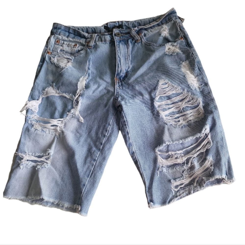 FOREVER 21 Blue Distressed Denim Bermuda Shorts Size S
